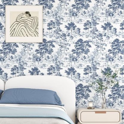 Extra Long Navy Toile Tree Peel and Stick Wallpaper, 17.5In x 393In Toile de Jouy Navy White Design Self-Adhesive Waterproof Wall Paper for Bedroom Kitchen Power Room Vinyl Contact Paper - color: White/Navy, size: 17.5" x 393"