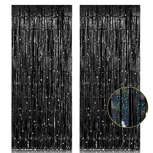 2 Pack 3.2ft x 8.2ft Black Tinsel Foil Fringe Curtain, Sparkle Metallic Foil Backdrop for Party Photo Booth Props New Years Eve Birthday Bridal Shower Bachelorette Holiday Decorations Supplies - color: Laser Black