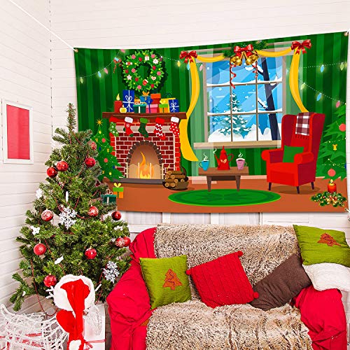 Blulu Merry Christmas Backdrop for Photography Scene Setters Banner Welcome Winter Snow Decorative Xmas Background for Wall Decoration Photo Props - color: Green Red Mantel Window