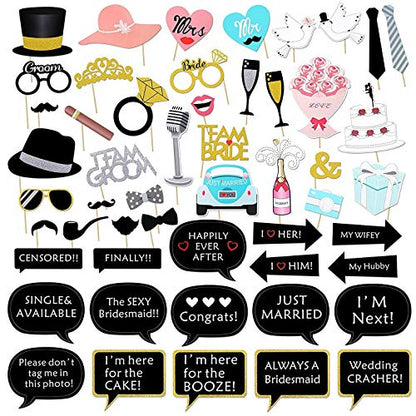 Kotbs 52pcs Wedding Photo Booth Props, Bachelorette Party Photo Booth Prop Kit for Bridal Shower, Engagement and Valentines Party, Photobooth Props Wedding Party Supplies