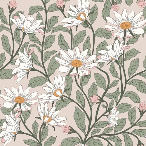 Peel and Stick Contact Paper Daisy Floral Wallpaper - Blush Pink Green Removable Wall Mural, Self-Adhesive Peel-and-Stick Decor for Bedroom Accent Wall, Waterproof Vinyl Wallpaper Roll,17.3"x 197" - color: Pink&Green, size: 17.3" x 197"