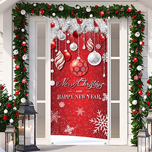 Christmas Door Cover Decoration Merry Christmas Tree Ornament Ball Photography Backdrop Outdoor Sign for Home Wall Indoor Outdoor Party - color: Red Silver