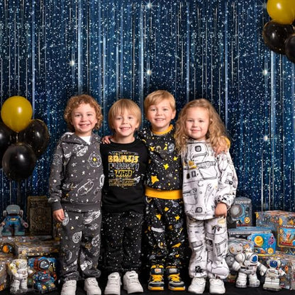 OQOQ Galaxy Foil Curtain Backdrop(4 Packs),3.3x6.6Ft Starry Night Backdrops Space Themed Party Decorations Tinsel Foil Fringe Curtains Photo Booth Props Twinkle Star Birthday Party Decoration
