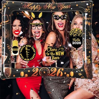 32PCS Funny New Year Photo Booth Props, Inflatable New Year Photo Booth Frame, Happy New Year Selfie Frame for New Year Party Supplies - color: Black New Year