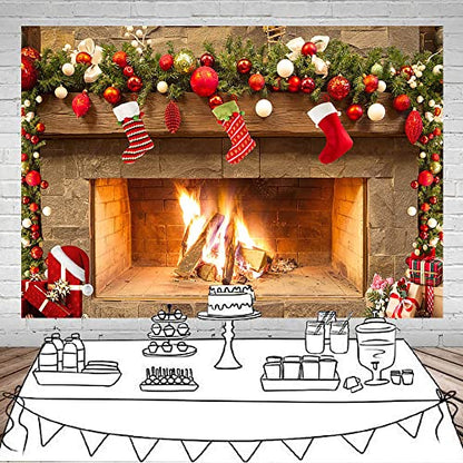 Mocsicka Christmas Fireplace Theme Backdrop for Photography Xmas Tree Sock Gift Family Party Decorations Wallpaper Winter Christmas Birthday Holiday Banner Studio Booth (8x6ft) - size: 8x6ft