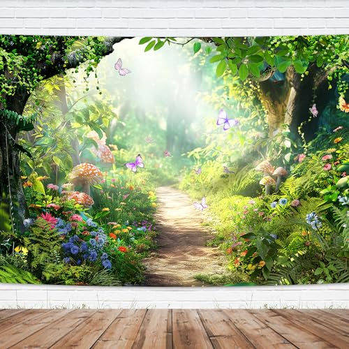 Fairy Backdrop 7Wx5H Feet Enchanted Woodland Tale Green Spring Butterfly Flower Mushroom Tree Plant Leaves Polyester Fabric Birthday Photography Backgrounds Photo Shoot Decor Props Decoration - color: A-Fairy02, size: 7Wx5H