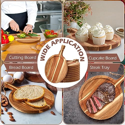 Tanlade 12 pcs Wood Cutting Board Bulk Round Wooden Serving Tray with Handle Acacia Chopping Boards Kitchen Charcuterie Paddle for Pizza Bread Cheese Fruit Vegetables