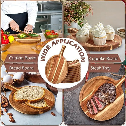 Tanlade 12 pcs Wood Cutting Board Bulk Round Wooden Serving Tray with Handle Acacia Chopping Boards Kitchen Charcuterie Paddle for Pizza Bread Cheese Fruit Vegetables
