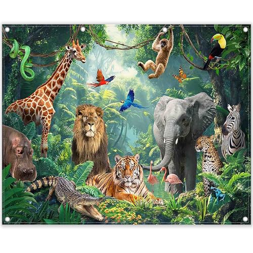 Fabric 10x8ft Jungle Forest Animals Photography Backdrop Tropical Rainforest Safari Background Wild Party Decorations Kids Event Photo Banner Props - size: 10'x8'