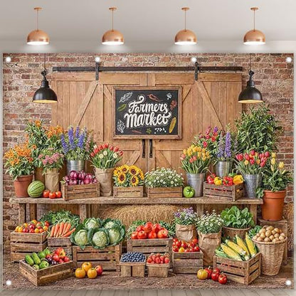 10x8ft Fabric Farmers Market Backdrop Fresh Vegetables Flowers Wooden Barn Spring Photography Background Baby Shower Birthday Party Decorations Photo Banner Props - size: 10'x8'