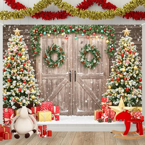 Christmas Backdrop for Photography 7x5Ft Winter Scene with Tree Christmas Photo Backdrop Party Derorations Rustic Barn Wood Door Family Xmas Holiday Party Wall Decor 82X59inch