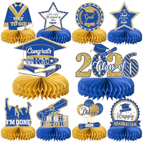 10PCS Graduation Party Decorations Class of 2026 Congrats Grad Table Centerpieces Congratulate Graduation Honeycomb Table Toppers for Graduation Party Supplies(Blue Gold) - color: Blue Gold