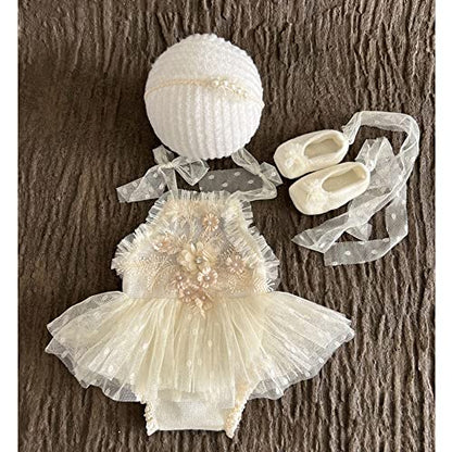Zeroest Newborn Photography Prop Outfits Girl Lace Outfit Set Baby Girl Photo Shoot Infant Princess Photos - color: Light Beige