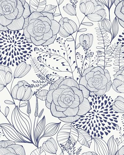 Wudnaye Navy Blue Floral Peel and Stick Wallpaper Blue and White Wallpaper 16.9"×393" Navy Floral Stick and Peel Wall Paper Flowers Contact Paper Self Adhesive Removable Waterproof for Bathroom Decor - color: Blue, size: 17" x 393.6"