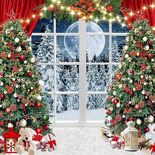 8x8ft Christmas Backdrop Christmas Window Backdrop for Photography Winter Xmas Tree Snow Gift New Year Party Backdrops Xmas Night Family Party Background - size: 8x8ft