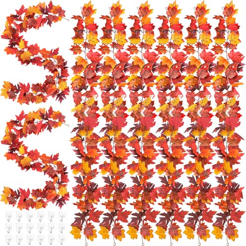 Helimoto 8 Pack Autumn Garland, 47.2 FT Hanging Vines Fall Garland, Artificial Maple Outdoor Autumn Leaves Garlands, Fall Decorations for Home and Thanksgiving Halloween Decor Wedding Mantle Fireplace - color: Red Yellow, size: 8 Pcs