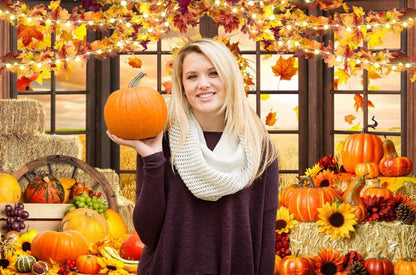 Fall Thanksgiving Backdrop for Photography Autumn Window Pumpkin Harvest Photo Backdrop 10x8ft Maple Leaves Haystack Wheat Field Harvest Background Birthday Party Event Studio Props Banner - color: NWH20204