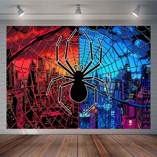 10x8FT Spider Backdrop Blue Red City Buildings Skyline Spider Backdrop Girl Boy Kids Birthday Party Decorations Supplies TAYBDJ1064 - size: 10x8FT