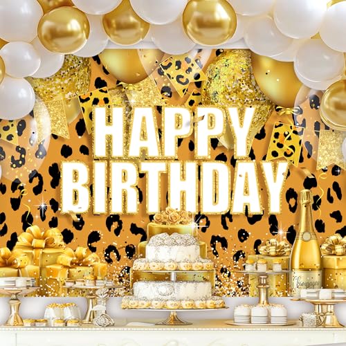 Newsely Leopard Print Happy Birthday Backdrop 7Wx5H Photography Cheetah Woman Girl Golden Floral Balloons Cake Champagne Background Modern Luxury Party Decorations Banner Photo Booth Props Supplies - color: K-Gold Leopard, size: 7Wx5H