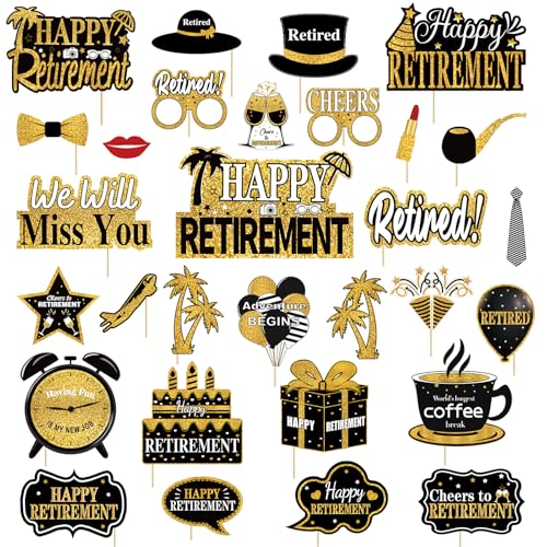 Kuxriox 30Pcs Happy Retirement Party Decorations for Men Women, Black Gold Retirement Photo Booth Props, Cheers to Retirement Party Supplies, We Will Miss You Retirement Party Sign