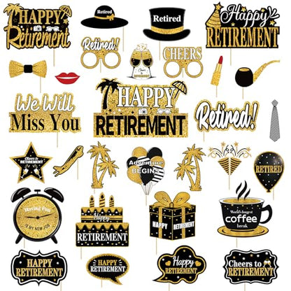 Kuxriox 30Pcs Happy Retirement Party Decorations for Men Women, Black Gold Retirement Photo Booth Props, Cheers to Retirement Party Supplies, We Will Miss You Retirement Party Sign