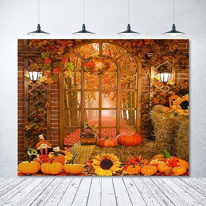 Fall Thanksgiving Backdrop Autumn Pumpkin Harvest Window Backdrop for Photography Background 10x8ft Maple Leaves Forest Haystack Photo Backdrop Kids Baby Birthday Party Portrait Prop Banner - color: NSW12879