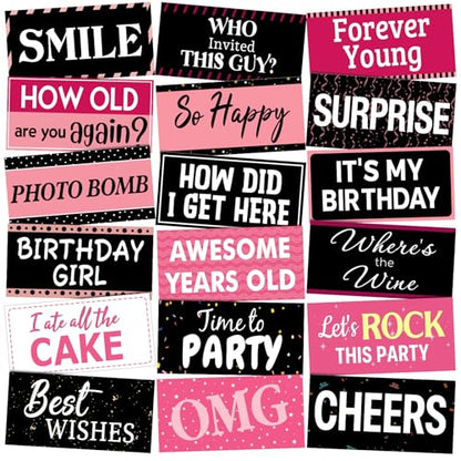 24 Designs Birthday Photo Booth Props 11x5.5 Inch Pink Black Happy Birthday Photobooth Accessoires 40th 50th 60th Funny Holiday Graduation Wedding Party Favors Supplies DIY Waterproof Selfie Sign - color: Black Pink, style: Birthday
