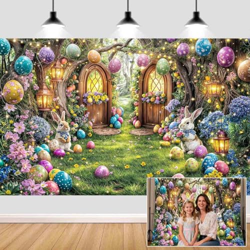 5X3ft Enchanted Forest Easter Backdrop Fairy Tale Rabbit Magic Garden Easter Egg Wonderland Floral Photography Background for Kids Girls Party Decoration Cake Table Photo Booth Props - color: Multi8, size: 5x3ft