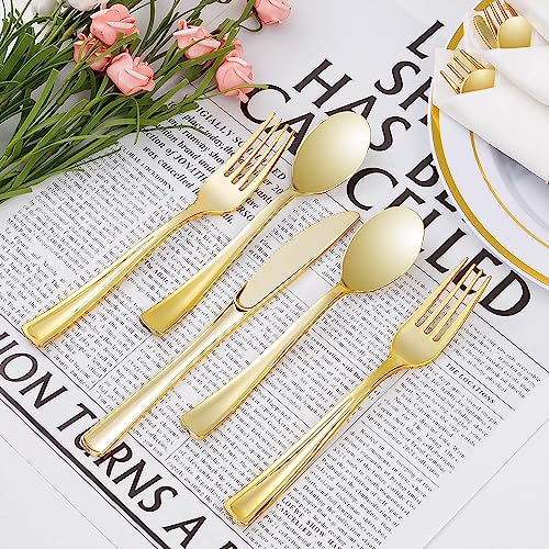 Goodluck 50 Pack Pre Rolled Gold Plastic Silverware, Wrapped Plastic Cutlery Set with Napkin Include 50 Forks, 50 Knives, 50 Spoons and 50 Napkins, Fancy Disposable Silverware for Party, Wedding - size: 50pc, style: Gold
