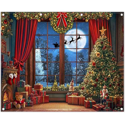 Fabric 10x8ft Christmas Window Photography Backdrop Winter Merry Xmas Tree Background Night Snow Party Decoration Holiday Photo Banner Props - size: 10'x8'