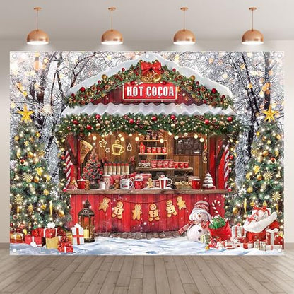 Fabric 8x6ft Christmas Hot Cocoa Bar Photography Backdrop Candy Shop Winter Snowman Scene Xmas Tree Chocolate Background Kids Family Party Decorations Photo Props - size: 8'x6'