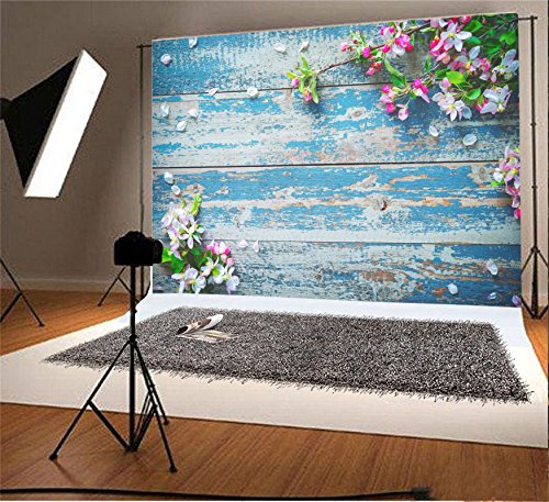 AOFOTO 5x4ft Rustic Blue Wood Planks Photography Backdrop Spring Floral Theme Flower Petal Branches Wooden Board Background Flat Lay Vintage Peeling Off Grunge Hardwood Infant Baby Portrait Props - size: 5x4ft
