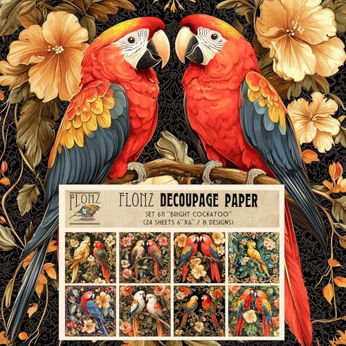 Decoupage Paper Pack (24 Sheets 6"x6") Bright Cockatoo: Tropical Parrots Surrounded by Rich Floral Patterns Perfect for Unique and Stunning Paper Craft Creations # Vintage Styled Paper for Craft - color: Fortytwelve