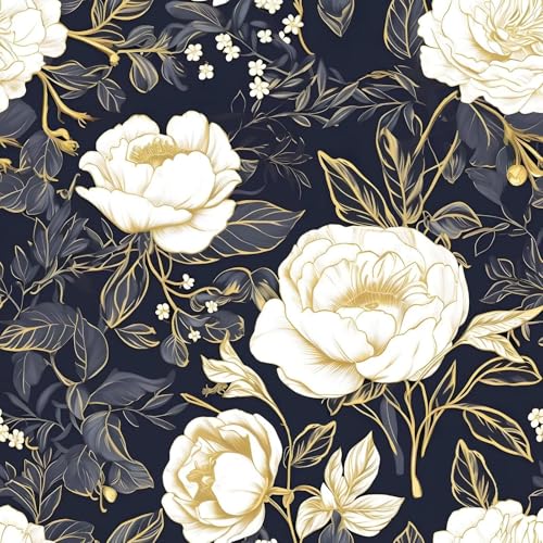 Vintage White Gold Floral Wallpaper Peel and Stick Dark Blue Leaf Contact Paper 17.5" x 393.7" Vinyl Waterproof Self Adhesive Boho Botanical Wall Mural for Cabinet Drawer Walls Room(Navy,White,Gold) - color: Blue&Golden, size: 17.5" x 393"