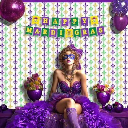 OQOQ Mardigras Decor Backdrops Kit, 2 Pcs Purple Green Gold Fleur De Lis Tinsel Foil Curtains & 1 Set Paper Banner Large Photo Booth Props Carnival Party Fat Tuesday Celebration Supplies - color: Purple Green Gold