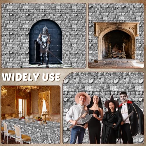 party greeting Stone Wall Tablecloth Roll 200FT x 51 Inch Disposable Brick Stone Plastic Table Covers Roll Castle Wall Backdrop for Halloween Western Birthday Medieval Party Decoration Favors Supplies