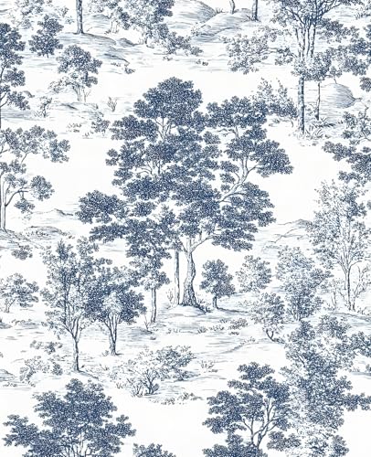 Extra Long Navy Toile Tree Peel and Stick Wallpaper, 17.5In x 393In Toile de Jouy Navy White Design Self-Adhesive Waterproof Wall Paper for Bedroom Kitchen Power Room Vinyl Contact Paper - color: White/Navy, size: 17.5" x 393"