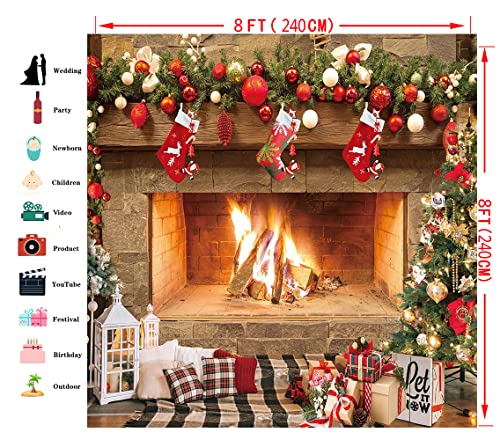 8x8ft Christmas Photography Backdrops Christmas Fireplace Decoration Background Family Party Birthday Baby Shower Decoration Photo Booth Props D469 - size: 8x8ft
