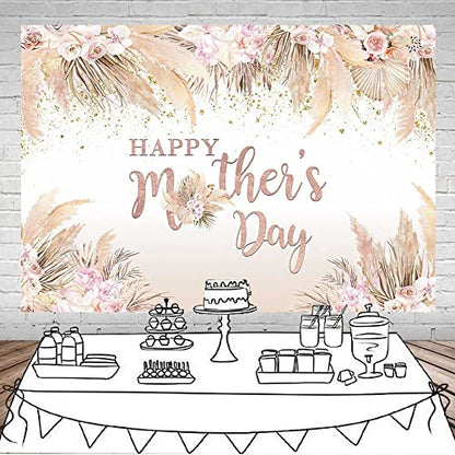 Mocsicka 7x5ft Mothers Day Backdrop Banner Boho Happy Mother's Day Photo Background Party Decorations Pampas Grass Thanks Mom Mother Day Decorations Banner Photo Booth Props - size: 7x5ft