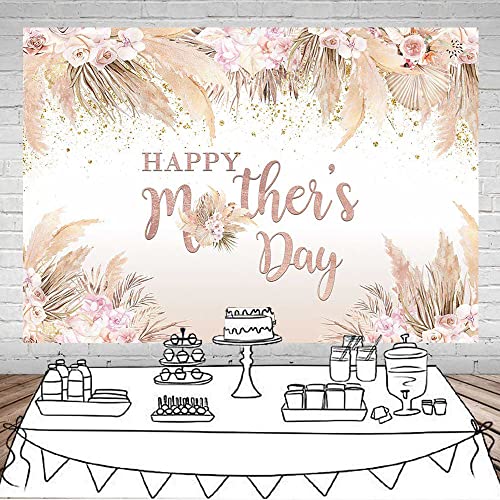 Mocsicka Happy Mother's Day Backdrop Boho Chic Pink Flowers Mothers Day Birthday Background for Women Bohemian Pampas Grass Mom's Day Party Cake Table Decorations Photo Booth (8x6ft) - size: 8x6ft