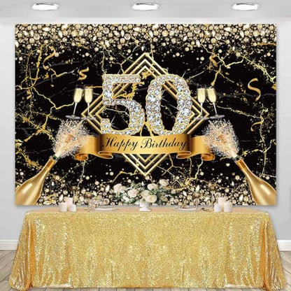 Sensfun Happy 50th Birthday Backdrop - Black Gold Marble Texture Glitter Diamonds Fabulous 50th Birthday Photography Background Supplies Photo Props 8x6ft - size: 8x6ft