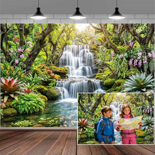 5x3ft Rainforest Waterfalls Backdrop Tropical Jungle Adventure Forest Camper RV Kids Photography Backdrop Christian Party Banner Photo Backdrops for 2026 Vacation School Classroom Banner Photo Props - color: Multi91, size: 5X3ft