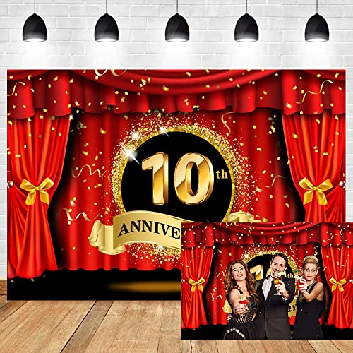 6x4ft Happy 10th Anniversary Backdrop Luxury Stage Red Curtain Glitter Golden Spots Photography Background Lover Couple Marriage Wedding Anniversary Celebration Party Vinyl Studio Props - color: 10th, size: 6x4ft