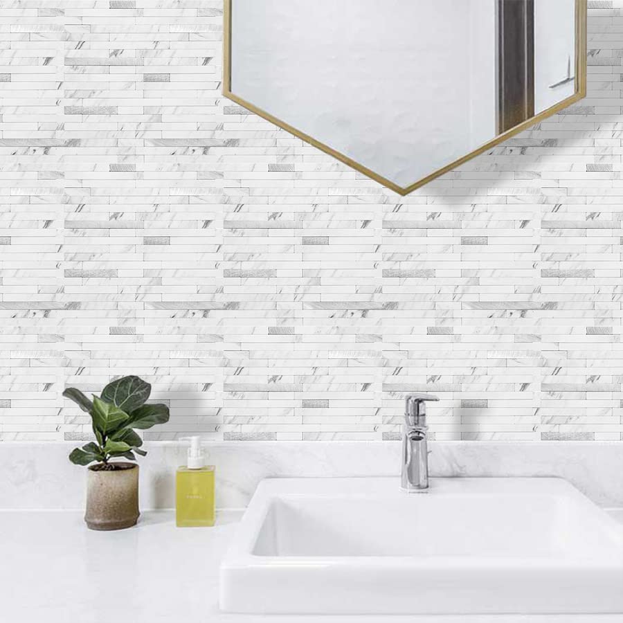AULIGET Faux Stone Peel and Stick Backsplash, PVC Mixed Metal Wall Tiles Stick on Backsplash (2, White Marble Look) - color: Marble White + Metal Silver, size: 2 Sheets, 6"x12"x0.12"