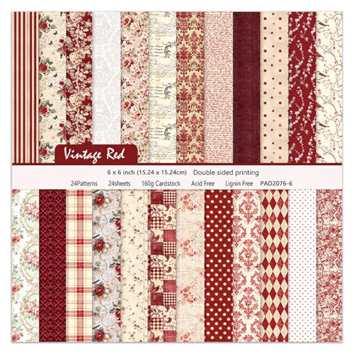 24 Sheets Red Aesthetic Scrapbooking Paper Pad - 6In x 6In Double Sided Flowers Patterns for Photos Album Journals Supplies Decorative Collage Origami DIY Crafts Gifts Wrapping - color: Vintage Red