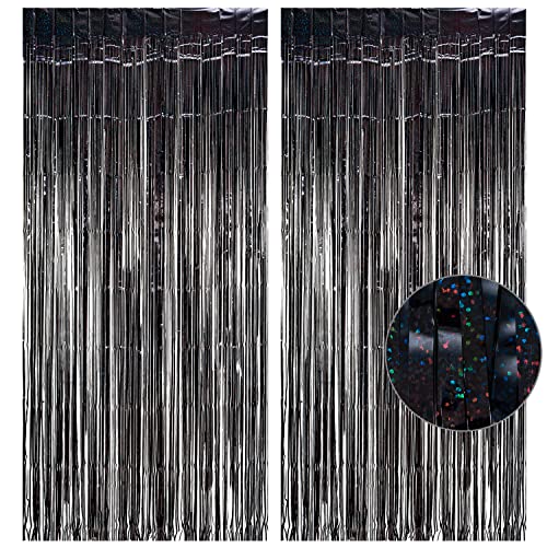 Black Tinsel Curtain Party Backdrop - GREATRIL Party Streamers Backdrop Foil Fringe Curtains for Birthdays/Wizard Halloween Decorations - 1m x 2.5m - Pack of 2 - color: Black(sparkle)