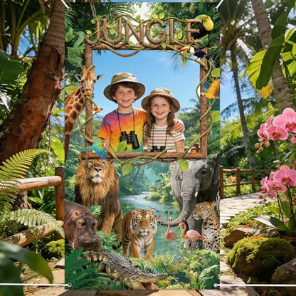 Jungle Animals Backdrop Jungle Party Decorations Safari Photo Backdrop Rain Forest Adventure Scenic Photography Background Banner for Large Wild Animals Party Supplies Wild Rainforest Photo Booth Prop - style: Jungle Animals