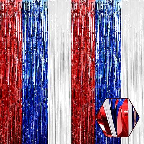 6 Pack White Blue Red Foil Fringe Curtain Backdrop, 3.28Ft x 6.6Ft Metallic Tinsel Foil Fringe Streamer Curtains for Photo Booth, Christmas Day, Thanksgiving, Wedding, New Year Party Decorations - color: White Blue Red