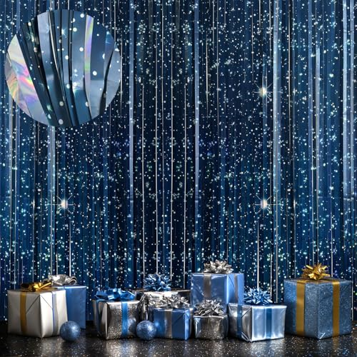 OQOQ Galaxy Foil Curtain Backdrop(4 Packs),3.3x6.6Ft Starry Night Backdrops Space Themed Party Decorations Tinsel Foil Fringe Curtains Photo Booth Props Twinkle Star Birthday Party Decoration
