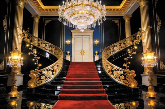 5x3ft Luxury Palace Staircase Backdrop Black Gold Marble Double Staircase Red Carpet Crystal Chandelier Photo Background for Wedding Formal Event Photo Booth Props Polyester - color: Black Gold, size: 5x3ft